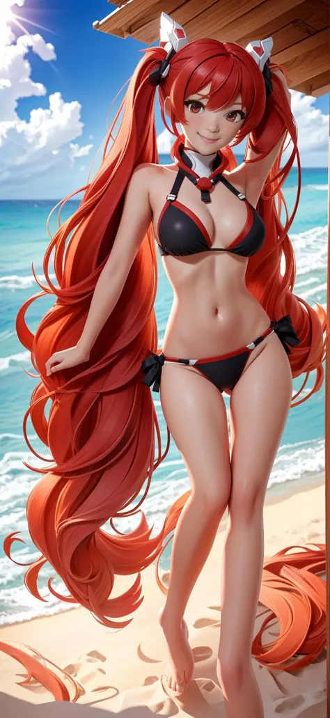 <lora:tailred1:0.8>,masterpiece,bestquality,highlydetailed,ultradetailed,red hair,twintails,1girl,bikini,beach,facing front,sunny,warm.,slender,medium breasts,nipples,slender_waist,navel,seductive_smile,panorama,(full_shot:1.5),looking_at_viewer,eye-contac...