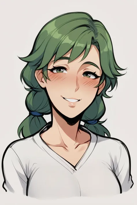 a drawing of a woman with green hair and a white shirt