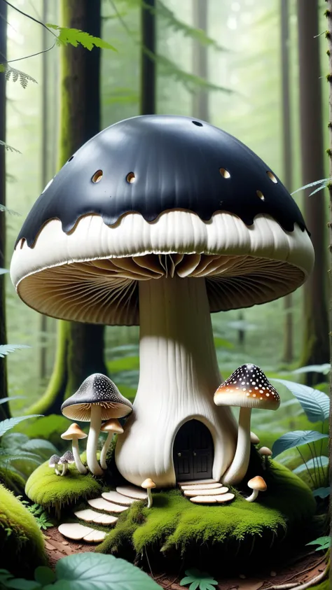 <lora:P14n03l3g4nt3b0n3XL:1>P14n03l3g4nt3b0n3 a mushroom in a forest, its underbelly hiding a fairy city, black, white, ebony, ivory, luxury, 24mm, (analog, cinematic, film grain:1.3), Bokeh DOF, (Masterpiece:1.3) (best quality:1.2) (high quality:1.1)