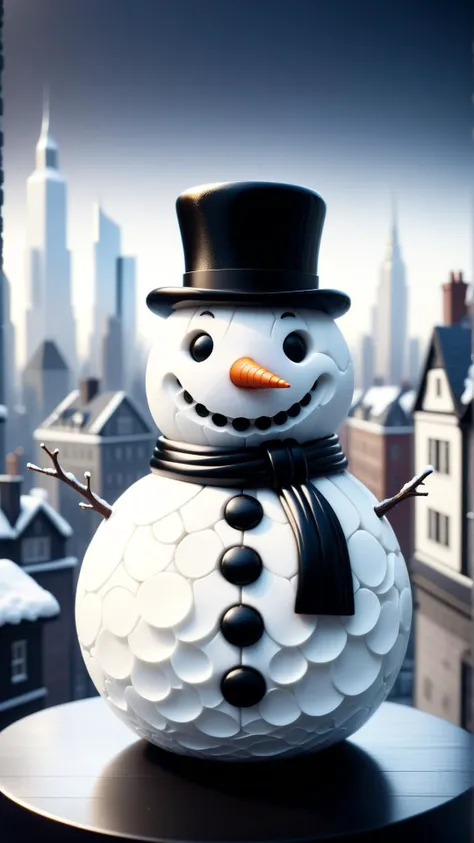 <lora:P14n03l3g4nt3b0n3XL:1>P14n03l3g4nt3b0n3 a snowman with a cityscape carved into its body, black, white, ebony, ivory, luxury, 24mm, (analog, cinematic, film grain:1.3), Bokeh DOF, (Masterpiece:1.3) (best quality:1.2) (high quality:1.1)