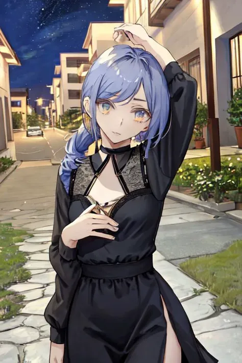 anime girl in black dress standing on sidewalk with her hands on her head