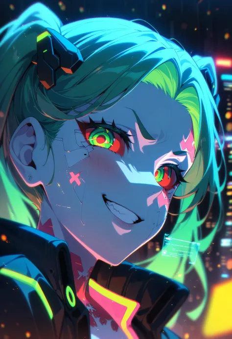 1girl, solo, rebecca (cyberpunk), cyberpunk (series), mature female, long hair, green hair, twintails, hair ornament, green eyes, red sclera, red pupils, artificial eye, pale skin, neck tattoo, jacket, portrait, looking at viewer, smug, smirk, teeth, <lora...