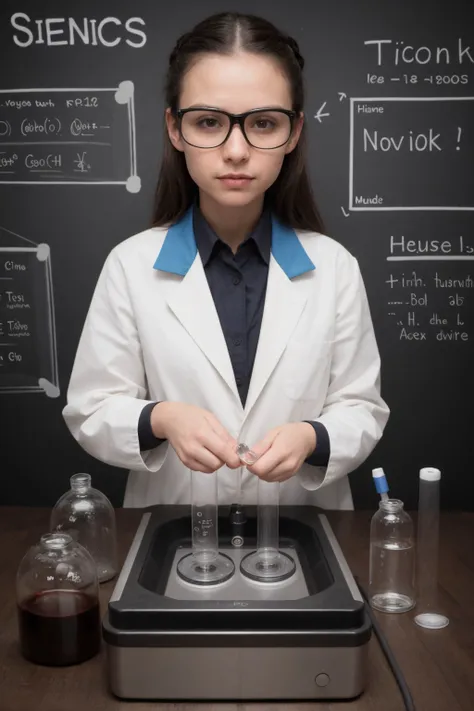 a woman in a lab coat is making a science experiment