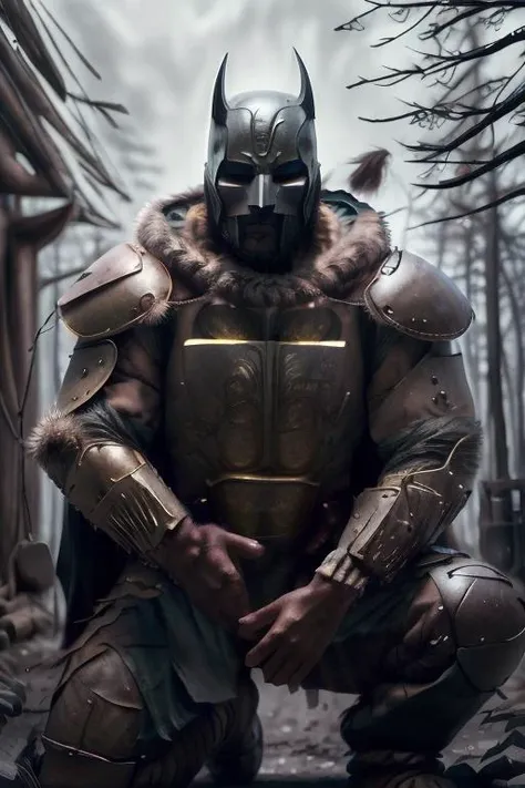 a close up of a man in armor kneeling in a forest