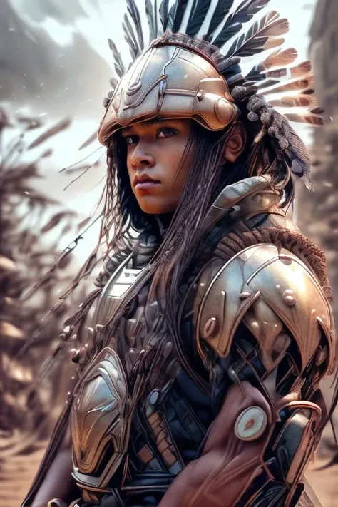 a woman in a warrior costume with a gun and a helmet