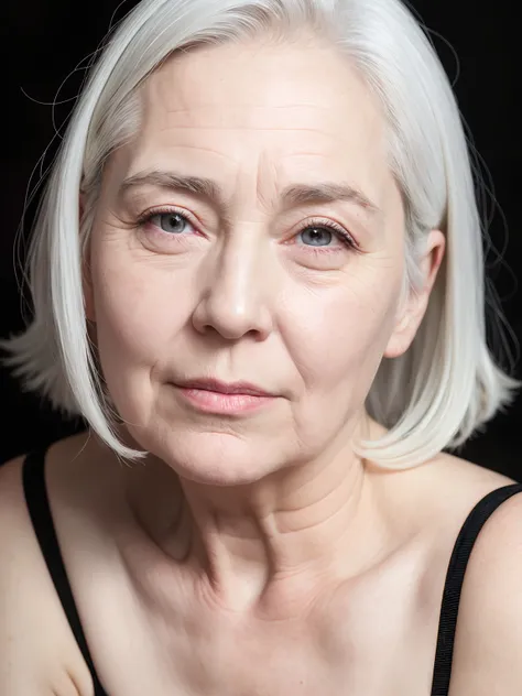 a close up of a woman with a white hair and a black top