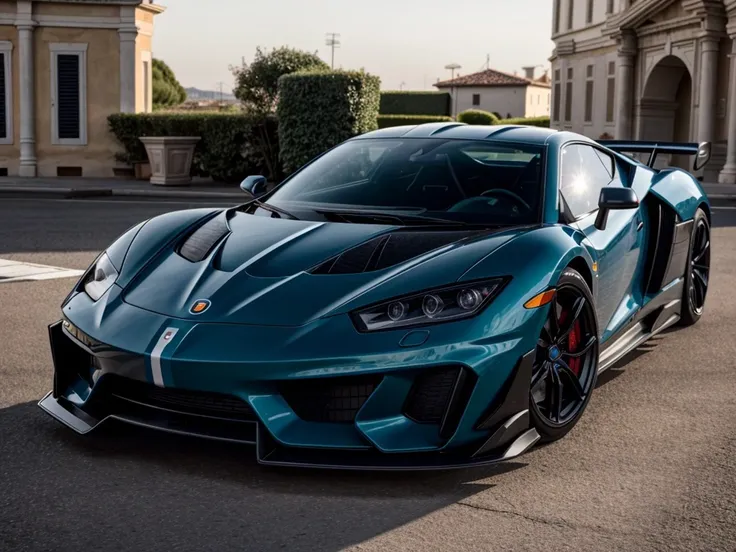 a blue sports car parked in front of a building