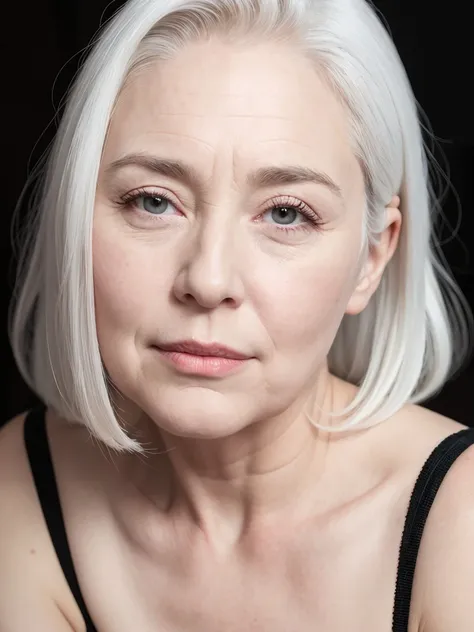 a close up of a woman with white hair and a black top