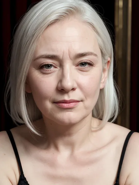 blond woman with white hair and black bra top looking at camera