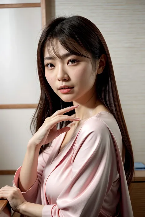 a close up of a woman in a pink shirt sitting at a desk