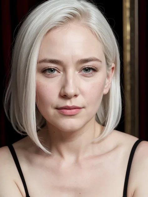 a close up of a woman with a white hair and a black top