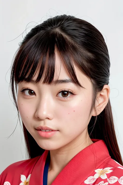 a close up of a woman in a red kimono