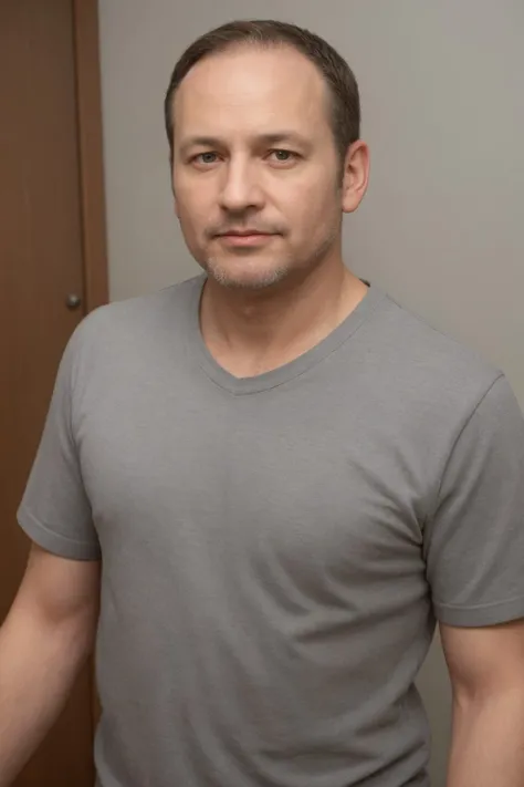 arafed man in a gray shirt standing in front of a mirror