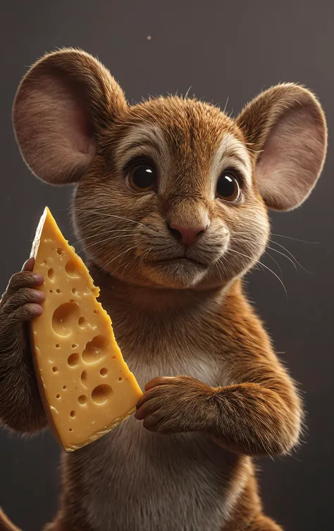 cinematic film still mighty mouse,cinematic reenactment,holding a large wedge of cheddar cheese above his head,flexing,smiling,g...