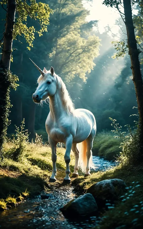 there is a white horse standing in the woods by the water