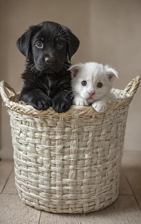 cute,(black-labrador-puppy:1.1),(white-kitten:1.0),in a basket