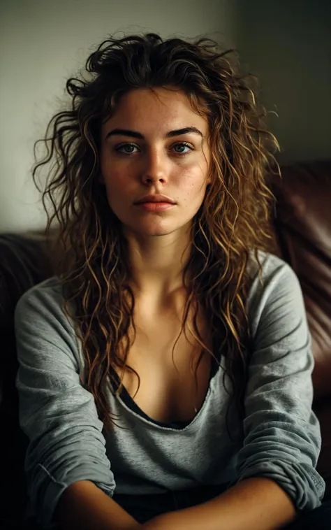 cinematic film still my very average girlfriend sitting on a couch,no make up,messy hair,unathletic,hyperrealistic art cinematic...