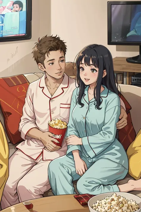 anime couple sitting on couch watching tv with popcorn and popcorn