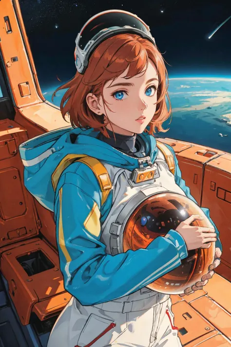 a woman in a space suit holding a helmet in front of a planet