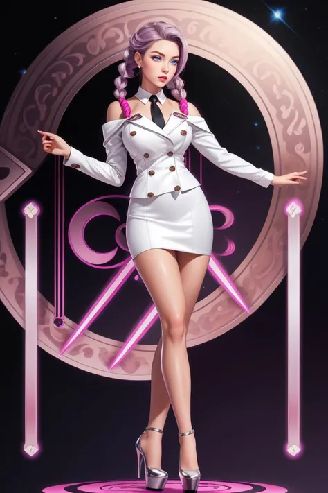 full body, Toned, Oval Face, Porcelain Skin, Short Nose, Heart-shaped Lips, Round Chin, Fuchsia metallic lipstick, rings, silver Coarse Hair Shoulder-Length Hair Braids, su1t, formal, double-breasted dress, buttons, necktie, skirt, pencil skirt, high platf...