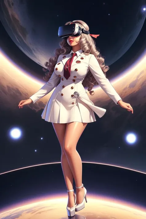 full body, In shape, Round Face, Caramel Skin, Wide Nose, Full Lips, Pointed Chin, Cherry cream lipstick, ribbon, silver Curly Hair Long Hair Bangs, su1t, formal, double-breasted dress, buttons, necktie, skirt, pencil skirt, high platform heels, <lora:Outf...