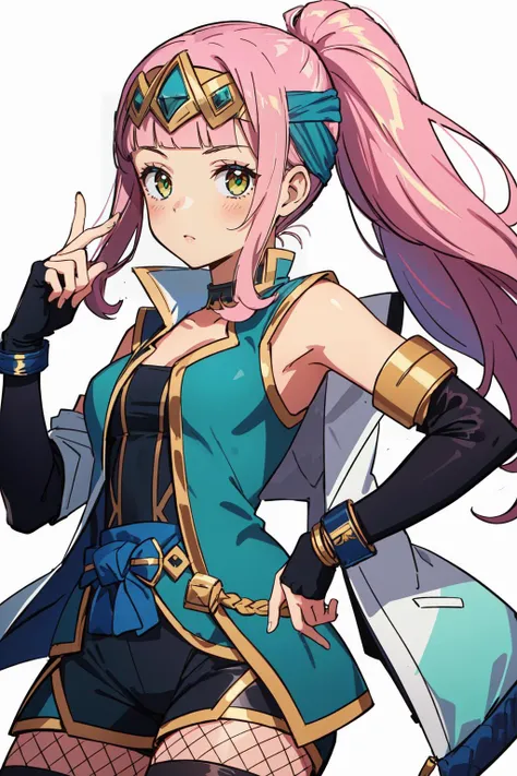 (masterpiece, best quality),  intricate details,
1girl,     <lora:IG_Leblancv3:0.8> qiyana (league of legends), 1girl, headband, jacket, shorts, ninja, fishnets, detached sleeves, fingerless gloves, pink hair, ponytail,