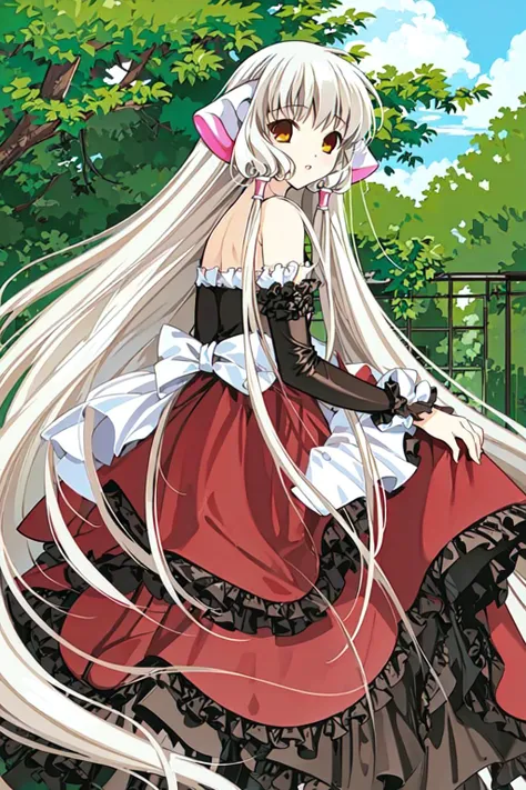 chobits, chii, brown eyes, clamp (circle) (style), 1girl, solo, cute, platinum blonde hair, robot ears, very long hair, frilly dress, <lora:Chobits - Chii @ chii:0.8>, <lora:Anime Style - Clamp:0.8>, masterpiece, best quality,