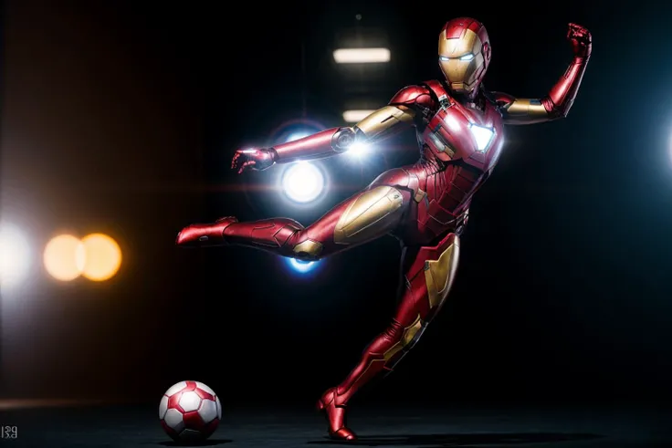 Marvel movies,full body,photo of a 18 year old girl,ironman,kicking a soccer,happy,ray tracing,detail shadow,shot on Fujifilm X-T4,85mm f1.2,sharp focus,depth of field,blurry background,bokeh,<lora:add_detail:1>,