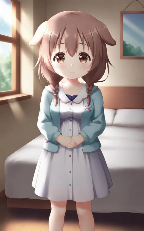 anime girl in a blue dress standing in front of a bed