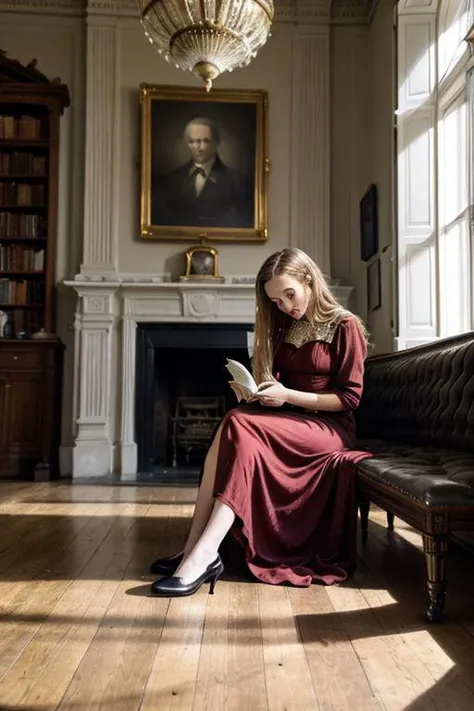 full body photo of ZM_emily, long blonde hair in regency style, wearing dark red regency dress, sitting in reading room in stately house, soft light,