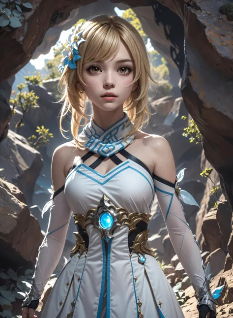 ultra-realistic, best quality, intricate details, masterpiece, slim figure,<lora:lumine1-000008:1.0>,luminedef,blonde,<lora:lit:0.4>,bangs over the eyes,large eyes,short hair,the luminous cave,(action-packed:1.2)