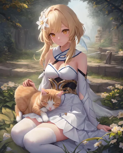 anime girl with a cat sitting on the ground in a garden