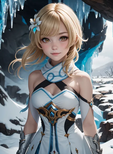 <lora:lumine1-000008:1.0>, luminedef, blonde, <lora:lit:0.2>, bangs over the eyes, large eyes, looking at viewer, short hair, slight smile, wind hair, ice cave, snowstorm, mainly cloudy, slim figure