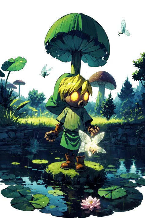 <lora:Deku_Link_Zelda:0.8>, Deku_Link_Zelda, blonde, glowing eyes, brown boots, no human, big waterlily, swamp, trees, giant mushrooms, big flowers, fairy, <lora:add_detail:0.7>, <lora:tachi-e:1> white background, full body