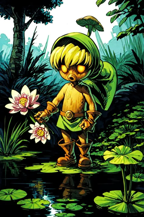 <lora:Deku_Link_Zelda:0.8>, Deku_Link_Zelda, blonde, glowing eyes, brown boots, no human, big waterlily, swamp, trees, giant mushrooms, big flowers, fairy, <lora:add_detail:0.7>,