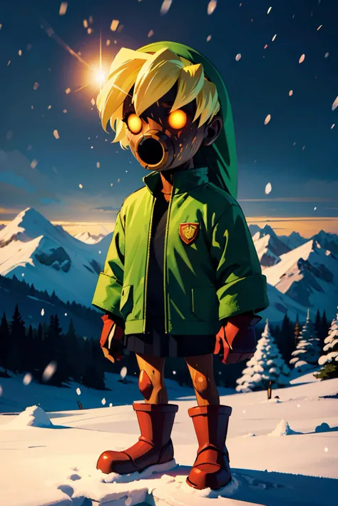 Deku_Link_Zelda, (detailed wood skin texture), glowing eyes, blonde hair,
standing, wearing a green jacket, looking at viewer, 
snow, mountains, snowing,  sunny, blue sky, hdr, extremely detailed, chilly ambiance, <lora:Deku_Link_Zelda:.8>,