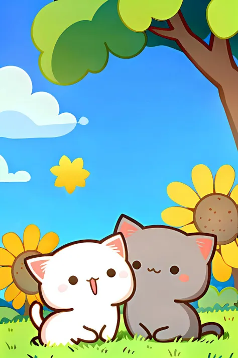 cartoon cat and kitten sitting in the grass near a tree