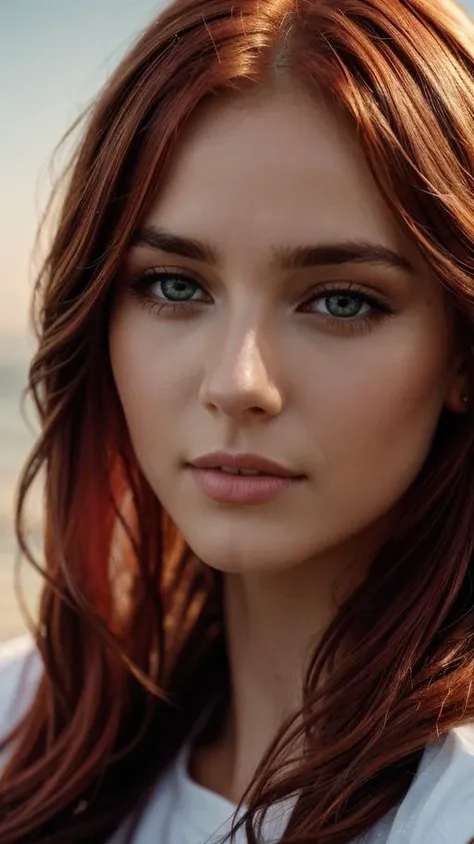 a close up of a woman with long red hair and blue eyes