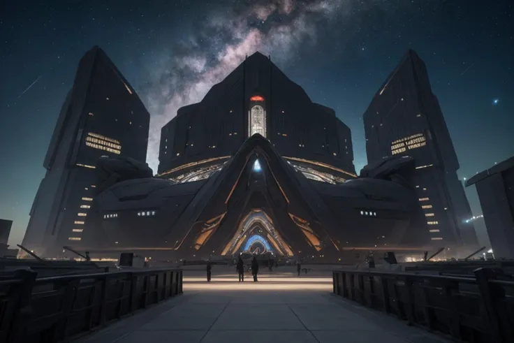 a group of people standing in front of a futuristic building