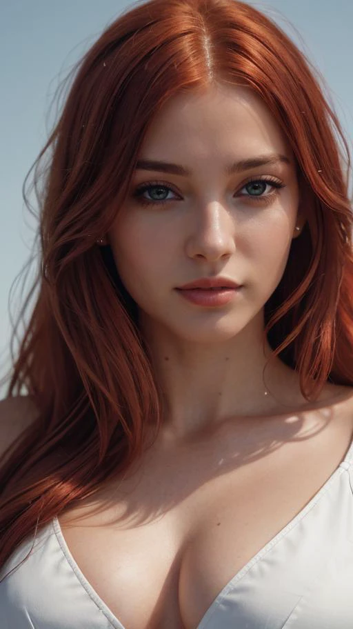 a close up of a woman with red hair and a white top