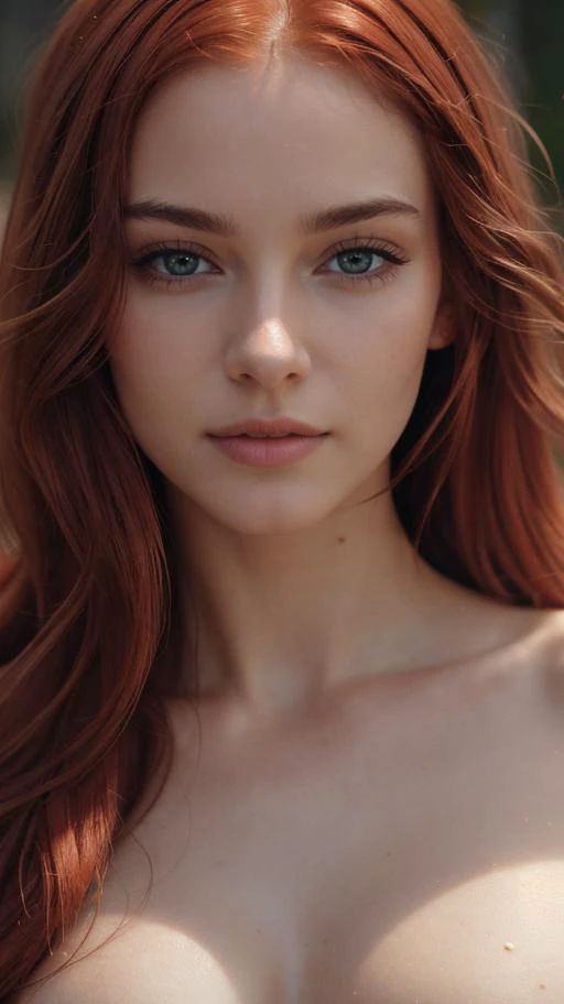 a woman with red hair and blue eyes posing for a picture