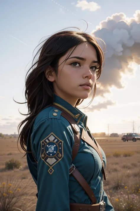 a woman in a blue uniform standing in a field