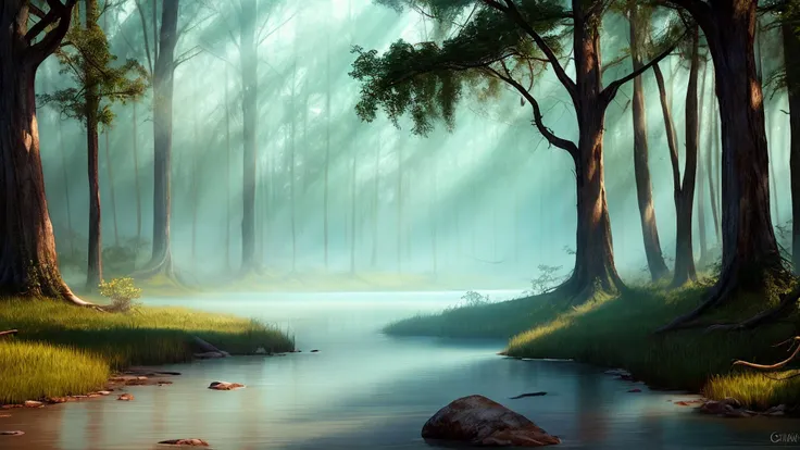 painting of a river in a forest with a foggy sky