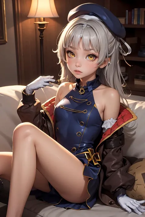 (masterpiece, best quality), 1girl,  <lora:z46swimX:0.8> Z46, 1girl, solo, long hair, silver hair, bangs, hair ornament, (iron cross), yellow eyes, mole under eye, mole, beret, blue headwear, bare shoulders, (white gloves), blue dress, puffy sleeves, detac...