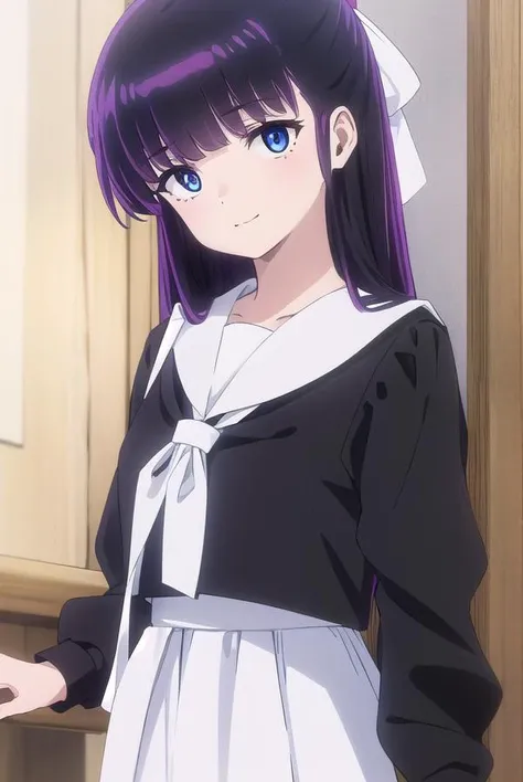 ryoukomendou, <lora:ryouko mendou s1-lora-nochekaiser:1>,
ryouko mendou, long hair, blue eyes, purple hair, bow, hair bow, mole, mole under eye, smile,
BREAK skirt, school uniform, serafuku, shirt, black shirt, white sailor collar, long sleeves, black skir...