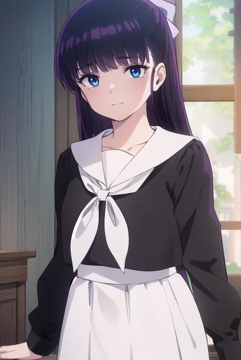 ryoukomendou, <lora:ryouko mendou s1-lora-nochekaiser:1>,
ryouko mendou, long hair, blue eyes, purple hair, bow, hair bow, mole, mole under eye, smile,
BREAK skirt, school uniform, serafuku, shirt, black shirt, white sailor collar, long sleeves, black skir...