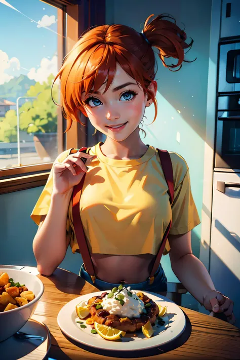 Misty_Pokemon, yellow crop top, suspenders, orange hair, side ponytail, looking at viewer,serious, smiling, 
siting, behind table, interior of a cozy kitchen, table full of food, fish, rice,extreme detail, masterpiece, beautiful quality,  <lora:Misty_Pokem...