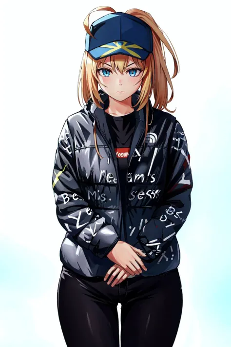 drip jacket,white background, shirt, closed mouth, open clothes, black pants, pants, 1girl, black shirt, looking at viewer, open jacket, solo, own hands together, (masterpiece:1.4), (best quality:1.4), realistic, 1girl, front view, serious, <lora:concept_d...