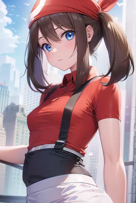 pokemonmay, <lyco:pokemonmay-lyco-nochekaiser:1>,
pokemonmay, blue eyes, brown hair, bandana, long hair, red bandana, twintails, hair between eyes, (small breasts:1.2),
BREAK bike shorts, collared shirt, gloves, microskirt, multicolored shirt, pencil skirt...