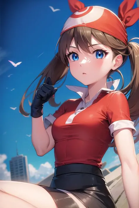 pokemonmay, <lyco:pokemonmay-lyco-nochekaiser:1>,
pokemonmay, blue eyes, brown hair, bandana, long hair, red bandana, twintails, hair between eyes,
BREAK bike shorts, collared shirt, gloves, microskirt, multicolored shirt, pencil skirt, red shirt, shirt, s...